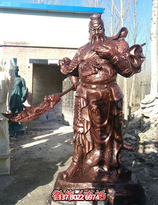 玻璃鋼仿銅景觀關公雕塑，大型戶外景區(qū)裝飾