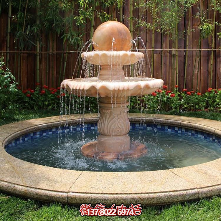 晚霞之紅，流水之?dāng)[件，噴泉之雕塑